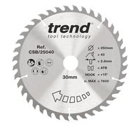 Trend 250mm Circular Saw Blade, 30mm Bore, 40T, TCT, Medium Finish | Ideal For Smooth Wood Cutting With 40 Teeth, 2.8mm Kerf And +15° Hook Angle For Clean Medium Finish, CSB/25040
