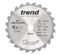 Trend 255mm Wood Mitre Saw Blade, 30mm Bore, 24T, TCT, Coarse Finish | Ideal For Accurate Wood Mitre Cuts With 24 Teeth, 2.4mm Kerf And -5° Hook Angle For A Coarse Finish, CSB/CC25524