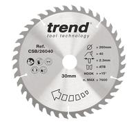 Trend 260mm Wood Circular Saw Blade, 30mm Bore, 40T, TCT, Medium Finish | Ideal For Fast, Clean Cuts In Softwood And Hardwood, With 40 Teeth, 2.3mm Kerf And +15° Hook, CSB/26040