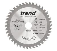 Trend Aluminium & Plastic Circular Saw Blade, 140mm, 42T, 20mm Bore | Ideal For Aluminium And Plastic, This 140mm TCT Blade Gives An Extra-Fine Finish, 42T, 2mm Kerf, -6° Hook, CSB/AP14042