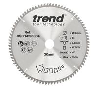 Trend Aluminium & Plastic Circular Saw Blade, 250mm Diameter, 30mm Bore, 84 Teeth, 3mm Kerf, -6° Hook, TCT, Extra-Fine Finish, CSB/AP25084