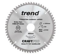 Trend Aluminium & Plastic Circular Saw Blade, 190mm Diameter, 30mm Bore, 60 Teeth, 2.8mm Kerf, -6° Hook, TCT, Extra-Fine Finish, CSB/AP19060