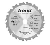 Trend Wood Cordless Circular Saw Blade, 168mm Diameter, 20mm Bore, 16 Teeth, 1.8mm Kerf, +20° Hook, TCT, Coarse Finish, CSB/16816T