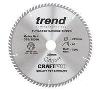 Trend Wood Circular Saw Blade, 250mm Diameter, 30mm Bore, 80 Teeth, 2.8mm Kerf, +5° Hook, TCT, Extra-Fine Finish, CSB/25080