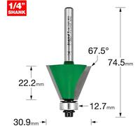 Trend CraftPro Chamfer Router Cutter Bit, 1/4 Inch Shank, 30.9mm Cut Diameter & 67.5 Degree V Groove, Tungsten Carbide Tipped, C138BX1/4TC