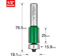 Trend CraftPro Guided Trimmer Router Cutter Bit, 1/2 Inch Shank, 19.1mm Cut Diameter & 25mm Cut Length, Tungsten Carbide Tipped, C117AX1/2TC