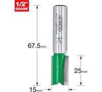 Trend CraftPro Straight Two Flute Router Cutter Bit, 1/2 Inch Shank, 15mm Cut Diameter & 25mm Cut Length, Tungsten Carbide Tipped, C024AX1/2TC