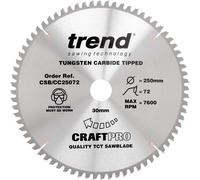 Trend Wood Mitre Saw Blade, 250mm Diameter, 30mm Bore, 72 Teeth, 3mm Kerf, -5° Hook, TCT, Extra-Fine Finish, CSB/CC25072