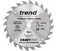 Trend Wood Circular Saw Blade, 184mm Diameter, 16mm Bore, 24 Teeth, 2.6mm Kerf, +15° Hook, TCT, Medium Finish, CSB/18424