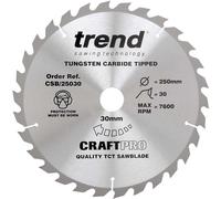 Trend Wood Circular Saw Blade, 250mm Diameter, 30mm Bore, 30 Teeth, 2.8mm Kerf, +15° Hook, TCT, Coarse Finish, CSB/25030