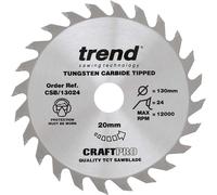 Trend Wood Circular Saw Blade, 130mm Diameter, 20mm Bore, 24 Teeth, 2.4mm Kerf, +15° Hook, TCT, Medium Finish, CSB/13024