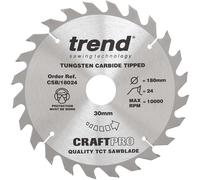 Trend Wood Circular Saw Blade, 180mm Diameter, 30mm Bore, 24 Teeth, 2.4mm Kerf, +15° Hook, TCT, Medium Finish, CSB/18024