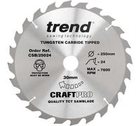 Trend Wood Circular Saw Blade, 250mm Diameter, 30mm Bore, 24 Teeth, 2.8mm Kerf, +20° Hook, TCT, Coarse Finish, CSB/25024