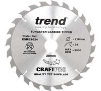 Trend Wood Circular Saw Blade, 210mm Diameter, 30mm Bore, 24 Teeth, 2.4mm Kerf, +20° Hook, TCT, Coarse Finish, CSB/21024
