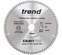 Trend Wood Circular Saw Blade, 250mm Diameter, 30mm Bore, 80 Teeth, 2.8mm Kerf, +5° Hook, TCT, Extra-Fine Finish, CSB/25080