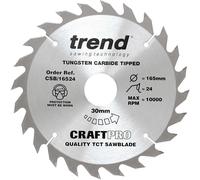 Trend Wood Circular Saw Blade, 165mm Diameter, 30mm Bore, 24 Teeth, 2.4mm Kerf, +15° Hook, TCT, Medium Finish, CSB/16524