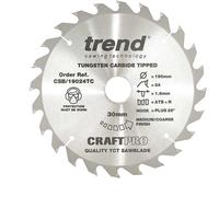 Trend Wood Cordless ATBR Circular Saw Blade, 190mm Diameter, 30mm Bore, 24 Teeth, 1.6mm Kerf, +25° Hook, TCT, Medium Finish, CSB/19024TC