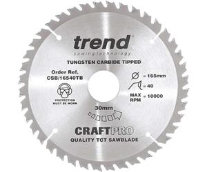 Trend CSB/16540TB Craft Pro Thin Kerf TCT Circular Saw Blade, 165mm x 40 Teeth x 30 Bore, Tungsten Carbide Tipped