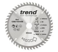 Trend Wood Circular Saw Blade, 165mm Diameter, 20mm Bore, 48 Teeth, 2.4mm Kerf, +5° Hook, TCT, Fine Finish, CSB/16548B