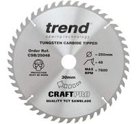 Trend Wood Circular Saw Blade, 250mm Diameter, 30mm Bore, 48 Teeth, 2.8mm Kerf, +15° Hook, TCT, Medium Finish, CSB/25048