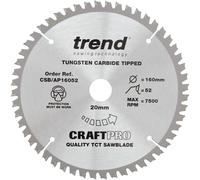 Trend Aluminium & Plastic Circular Saw Blade, 160mm Diameter, 20mm Bore, 52 Teeth, 2.2mm Kerf, -6° Hook, TCT, Extra-Fine Finish, CSB/AP16052