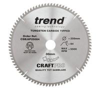 Trend Aluminium & Plastic Circular Saw Blade, 250mm Diameter, 30mm Bore, 84 Teeth, 3mm Kerf, -6° Hook, TCT, Extra-Fine Finish, CSB/AP25084