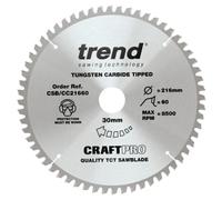 Trend Wood Mitre Saw Blade, 216mm Diameter, 30mm Bore, 60 Teeth, 2.6mm Kerf, -5° Hook, TCT, Extra-Fine Finish, CSB/CC21660
