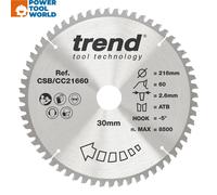 Trend Wood Mitre Saw Blade, 216mm Diameter, 30mm Bore, 60 Teeth, 2.6mm Kerf, -5° Hook, TCT, Extra-Fine Finish, CSB/CC21660