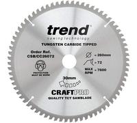 Trend Wood Mitre Saw Blade, 260mm Diameter, 30mm Bore, 72 Teeth, 2.5mm Kerf, -5° Hook, TCT, Extra-Fine Finish, CSB/CC26072