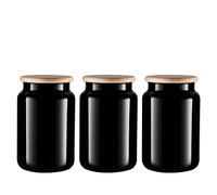 TREND FOR HOME Glass Storage Jars 900 ml Black Set of 3 Snack Containers Bathroom Container Pad Holder with Wooden Lid Kitchen Stackable Jars Coffee Cereals Cookies | 15 cm Tall | ⌀ 10 cm | Carissa