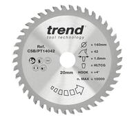 Trend Laminate & HPL Circular Saw Blade, 140mm Diameter, 20mm Bore, 42 Teeth, 1.8mm Kerf, +4° Hook, TCT, Super-Fine Finish, CSB/PT14042