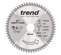 Trend Laminate & HPL Circular Saw Blade, 190mm Diameter, 30mm Bore, 60 Teeth, 2.6mm Kerf, +4° Hook, TCT, Super-Fine Finish, CSB/PT19060