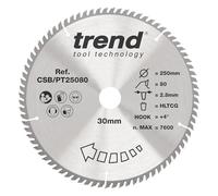 Trend Laminate & HPL Circular Saw Blade, 250mm Diameter, 30mm Bore, 80 Teeth, 2.8mm Kerf, +4° Hook, TCT, Super-Fine Finish, CSB/PT25080