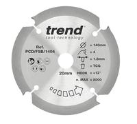 Trend PCD Fibre Cement Circular Saw Blade, 140mm, 20mm Bore, 4T, Coarse | Ideal For Fibre Cement Cutting With 4 Teeth, 1.8mm Kerf, +12° Hook Angle And Coarse Finish, PCD/FSB/1404