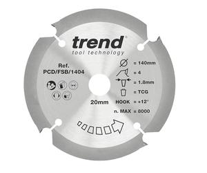 Trend PCD Fibre Cement Circular Saw Blade, 140mm Diameter, 20mm Bore, 4 Teeth, 1.8mm Kerf, +12° Hook, PCD, Coarse Finish, PCD/FSB/1404