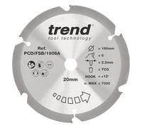 Trend PCD Fibre Cement Circular Saw Blade, 190mm Diameter, 20mm Bore, 6 Teeth, 2.2mm Kerf, +12° Hook, PCD, Coarse Finish, PCD/FSB/1906A