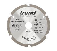 Trend PCD Fibre Cement Circular Saw Blade, 190mm Diameter, 30mm Bore, 6 Teeth, 2.2mm Kerf, +12 Hook, PCD, Coarse Finish, PCD/FSB/1906