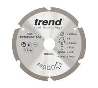 Trend PCD Fibre Cement Circular Saw Blade, 190mm Diameter, 30mm Bore, 6 Teeth, 2.2mm Kerf, +12° Hook, PCD, Coarse Finish, PCD/FSB/1906