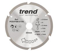 Trend PCD Fibre Cement Circular Saw Blade, 210mm Diameter, 30mm Bore, 6 Teeth, 2.4mm Kerf, +12° Hook, PCD, Coarse Finish, PCD/FSB/2106
