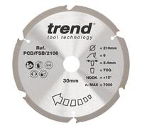 Trend PCD Fibre Cement Circular Saw Blade, 210mm Diameter, 30mm Bore, 6 Teeth, 2.4mm Kerf, +12 Hook, PCD, Coarse Finish, PCD/FSB/2106
