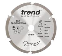 Trend PCD Fibre Cement Circular Saw Blade, 260mm Diameter, 30mm Bore, 6 Teeth, 2.4mm Kerf, +12° Hook, PCD, Coarse Finish, PCD/FSB/2606