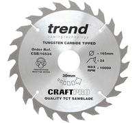 Trend Wood Circular Saw Blade, 165mm Diameter, 30mm Bore, 24 Teeth, 2.4mm Kerf, +15° Hook, TCT, Medium Finish, CSB/16524