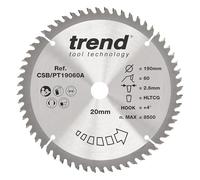 Trend Tungsten Carbide Circular Saw Blade, 190mm Diameter, 20mm Bore, 60 Teeth, 2.6mm Kerf, +4° Hook Finish, CSB/PT19060A