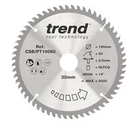 Trend Tungsten Carbide Circular Saw Blade, 190mm Diameter, 60 Teeth, 2.6mm Kerf, +4° Hook Finish, CSB/PT19060, Ideal for Hard Laminates, Wood, and Melamine-Faced Chipboard