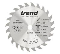 Trend Wood Circular Saw Blade, 115mm Diameter, 9.50mm Bore, 24 Teeth, 1.5mm Kerf, +20° Hook, TCT, Medium Finish, CSB/11524