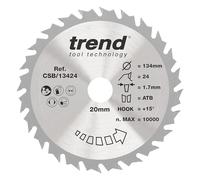 Trend Wood Circular Saw Blade, 134mm Diameter, 20mm Bore, 24 Teeth, 1.7mm Kerf, +15° Hook, TCT, Medium Finish, CSB/13424