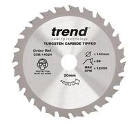 Trend Wood Circular Saw Blade, 140mm Diameter, 20mm Bore, 24 Teeth, 2.4mm Kerf, +15° Hook, TCT, Medium Finish, CSB/14024