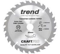 Trend Wood Circular Saw Blade, 160mm Diameter, 20mm Bore, 28 Teeth, 2.2mm Kerf, +15° Hook, TCT, Medium Finish, CSB/16028A