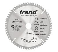Trend Wood Circular Saw Blade, 165 mm Diameter, 20 mm Bore, 60 Teeth, 2.4 mm Kerf, +5 Hook, Tct, Extra-Fine Finish, Csb / 16560