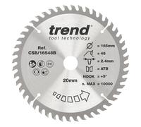 Trend Wood Circular Saw Blade, 165mm Diameter, 20mm Bore, 48 Teeth, 2.4mm Kerf, +5 Hook, TCT, Fine Finish, CSB/16548B